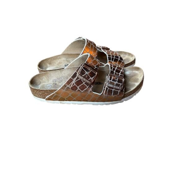 Birkenstock Arizona Gator Gleam Copper Leather Soft Footbed Sandals - M7 / W9 - Picture 2 of 10